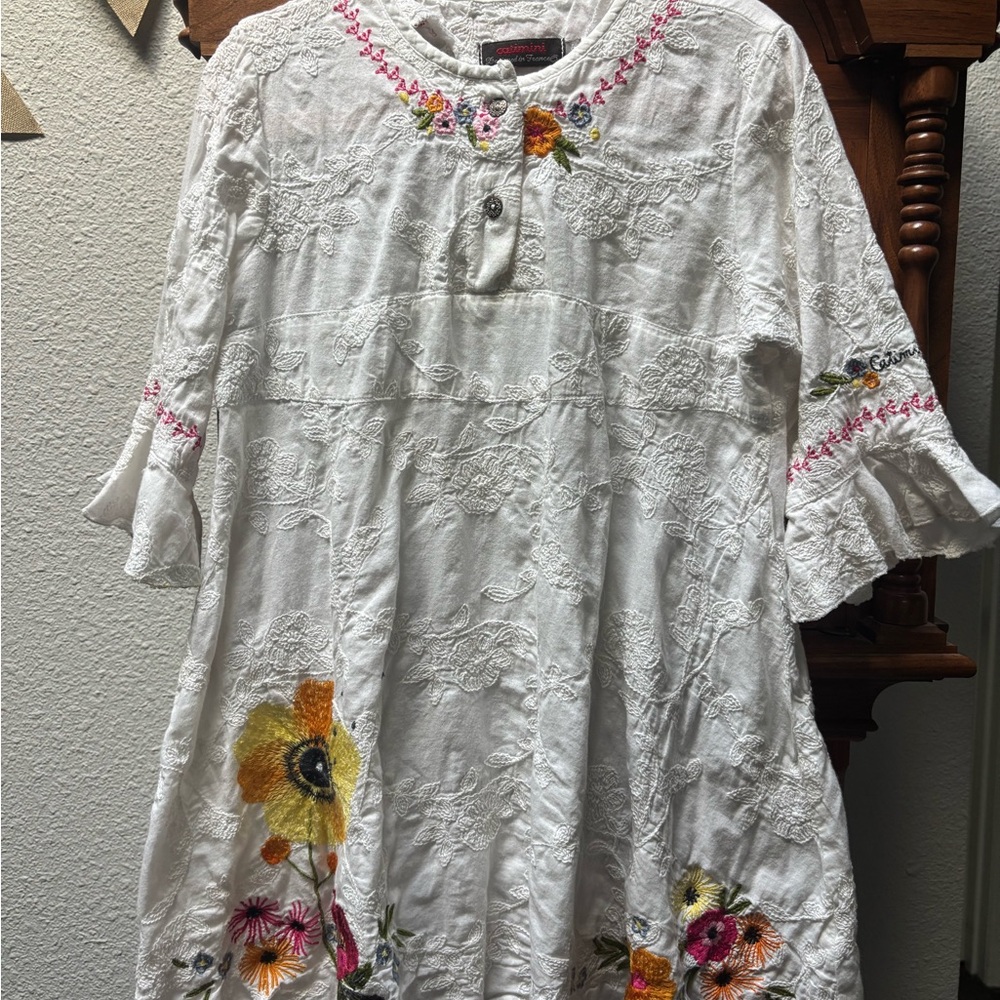 Catimini White Embroidered Floral Cotton dress with Yellow & Pink Accents